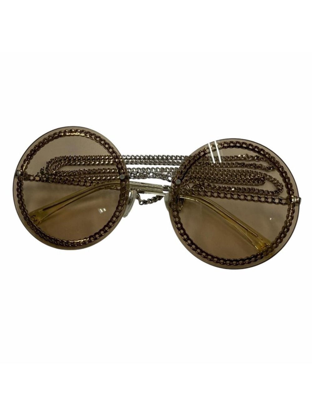 Chanel CC Logo Round Chain Glass Cord Sunglasses Silver Brown Demo Lens Eyewear